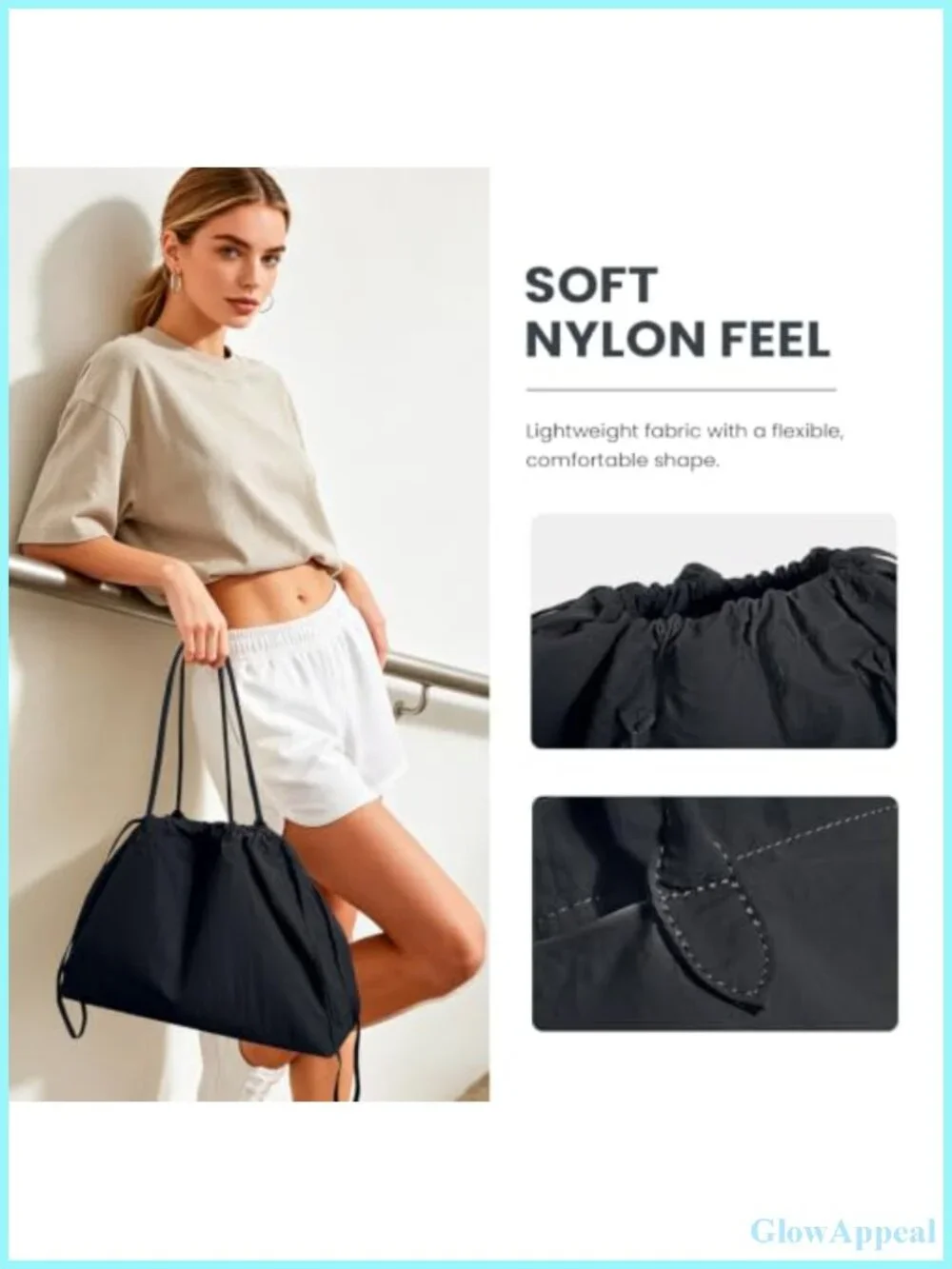 Large Nylon Drawstring Shoulder Tote Bag Work Travel Handbag with Zip Pocket